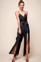 Black Chiffon Jumpsuit with V-Neck High Slit
