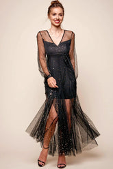 Black Maxi Dress with Sheer Star Print Mesh Overlay