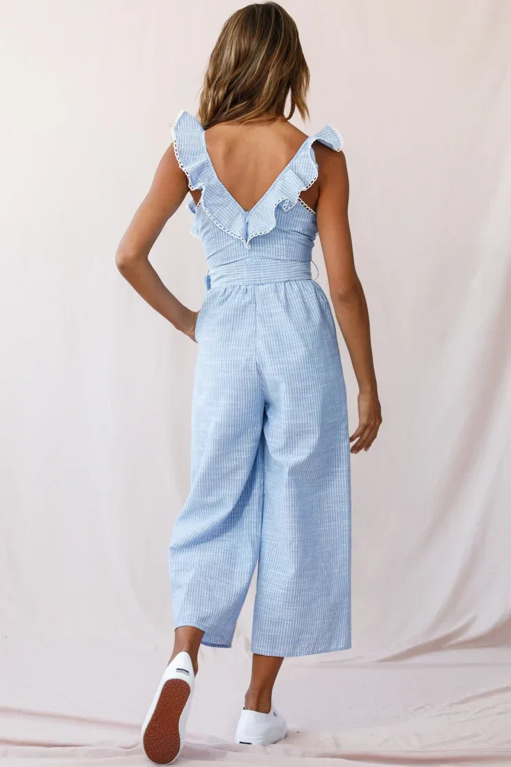 Blue Pinstripe Jumpsuit with Ruffle Strap Belted Waist