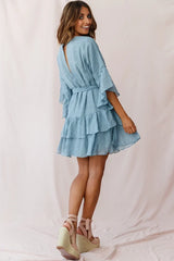 Denim Blue Mini Dress with Ruffle Sleeve Belted Waist
