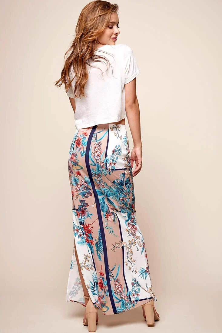 Mocha Floral Maxi Skirt with Side Split
