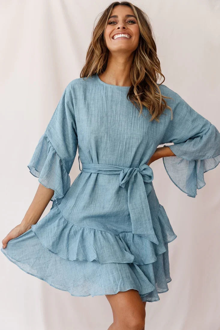 Denim Blue Mini Dress with Ruffle Sleeve Belted Waist