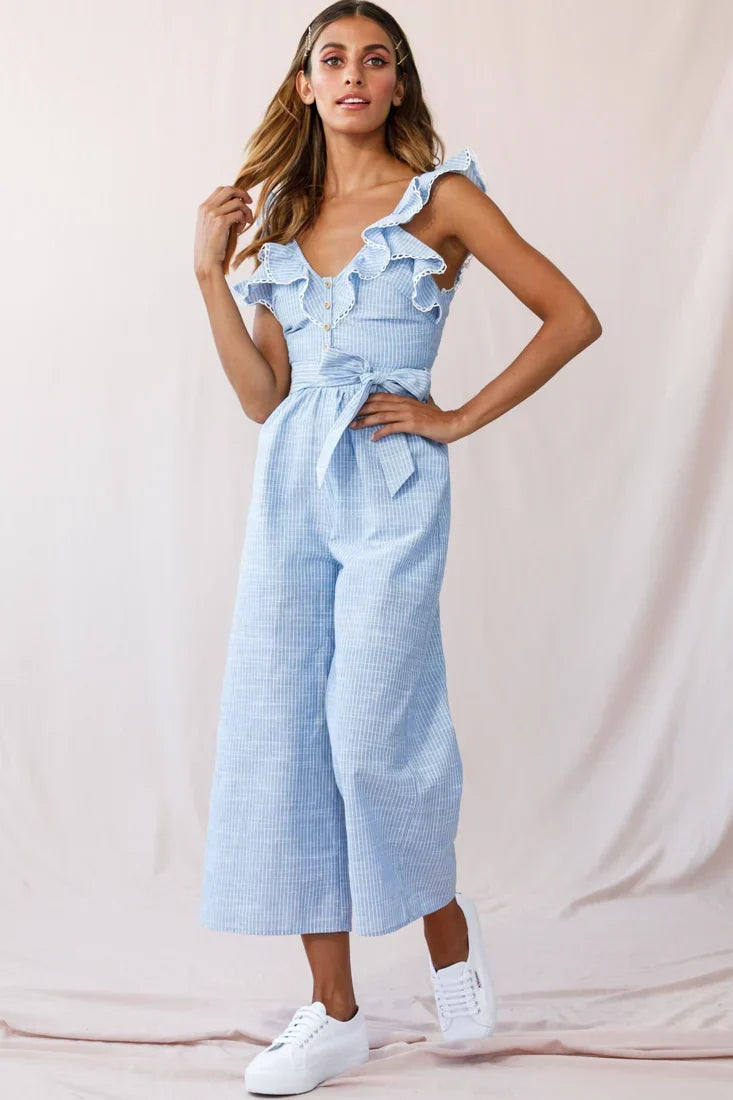 Blue Pinstripe Jumpsuit with Ruffle Strap Belted Waist