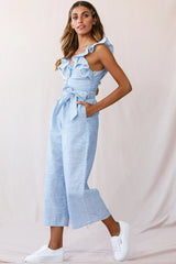 Blue Pinstripe Jumpsuit with Ruffle Strap Belted Waist