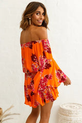 Orange Floral Romper with Off-Shoulder Bell Sleeve