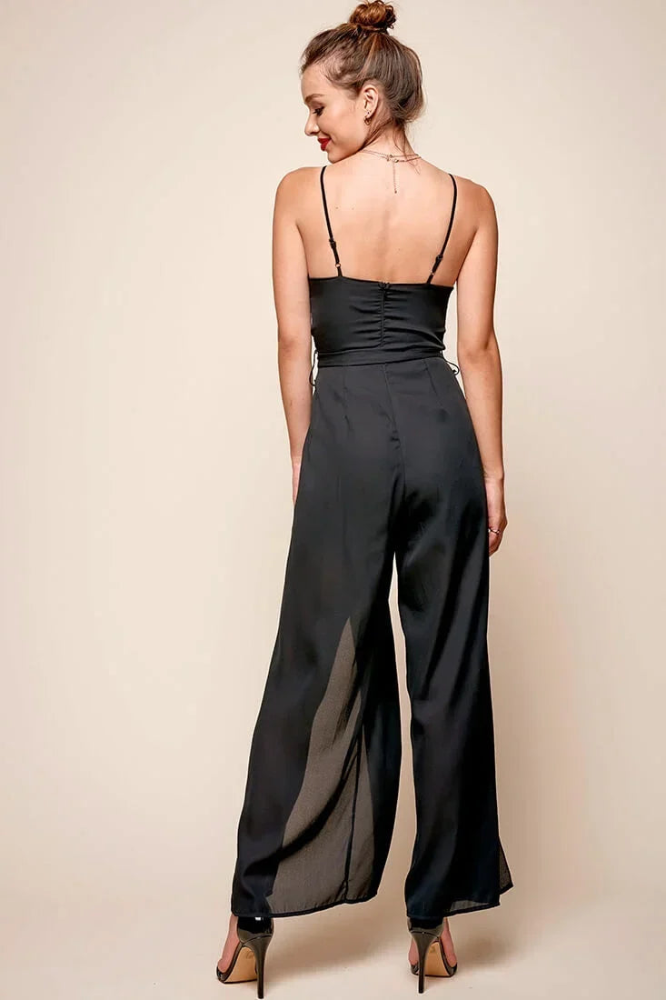 Black Chiffon Jumpsuit with V-Neck High Slit