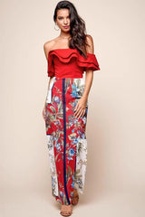 Red Floral Maxi Skirt with Side Split