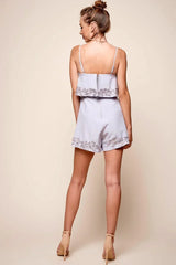 Dove Blue Romper with Ruffle Overlay Floral Applique