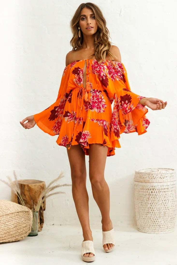 Orange Floral Romper with Off-Shoulder Bell Sleeve