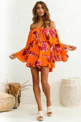 Orange Floral Romper with Off-Shoulder Bell Sleeve