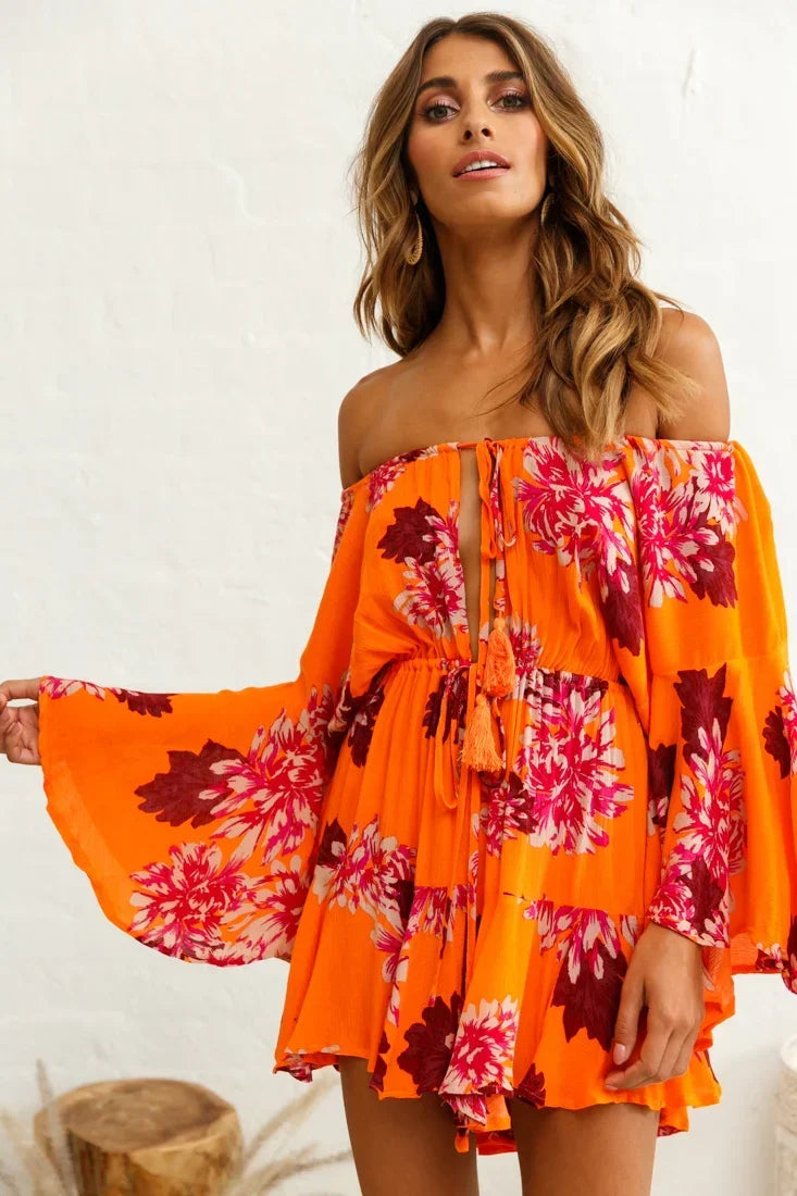 Orange Floral Romper with Off-Shoulder Bell Sleeve