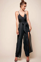 Black Chiffon Jumpsuit with V-Neck High Slit