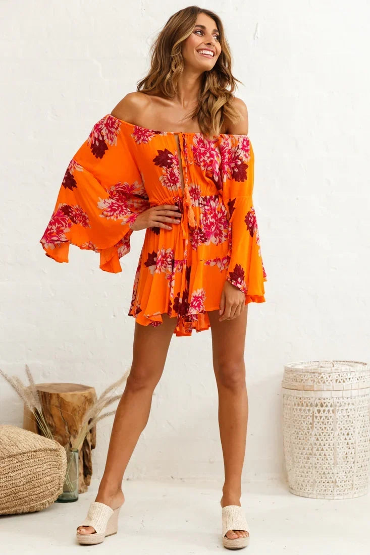 Orange Floral Romper with Off-Shoulder Bell Sleeve