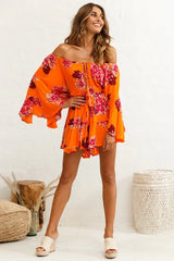 Orange Floral Romper with Off-Shoulder Bell Sleeve