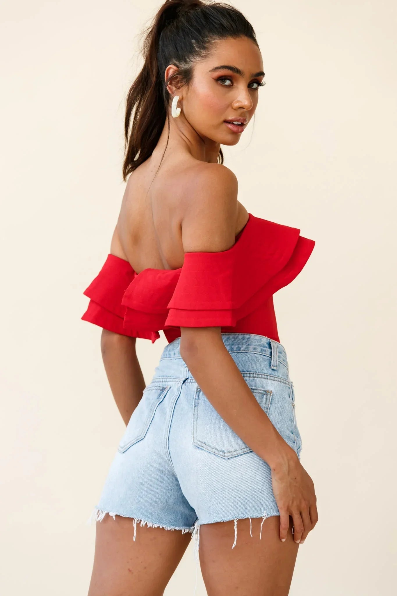 Red Crop Top with Off-Shoulder Layered Ruffle