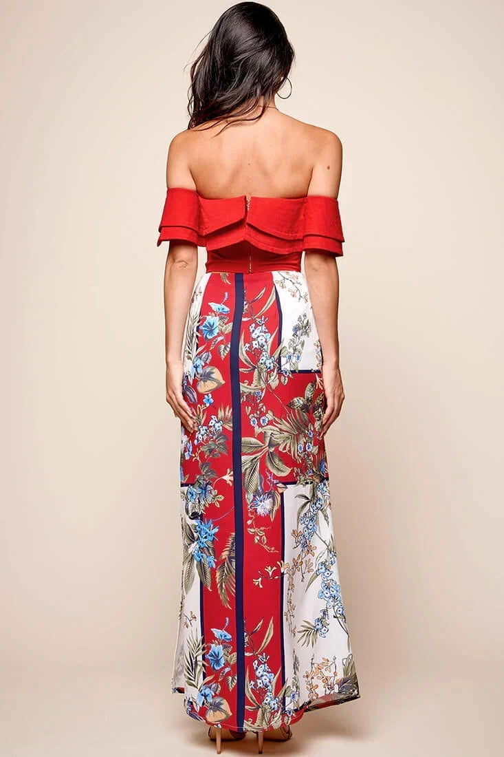 Red Floral Maxi Skirt with Side Split