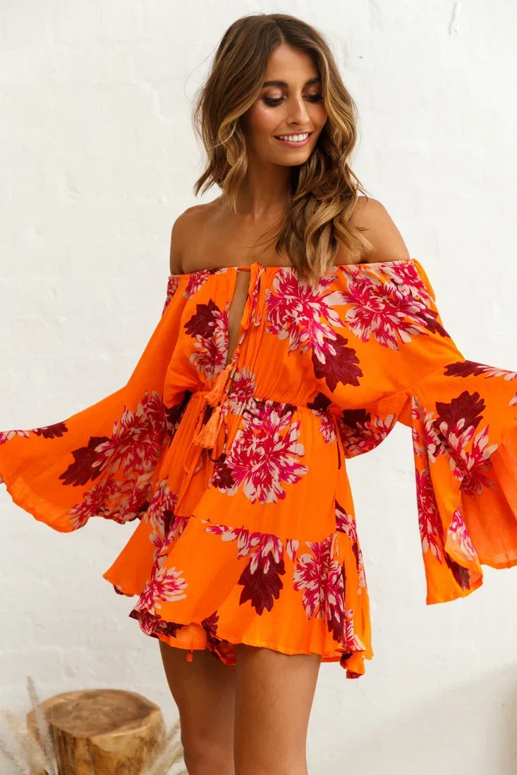 Orange Floral Romper with Off-Shoulder Bell Sleeve