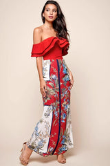 Red Floral Maxi Skirt with Side Split
