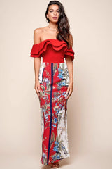 Red Crop Top with Off-Shoulder Layered Ruffle