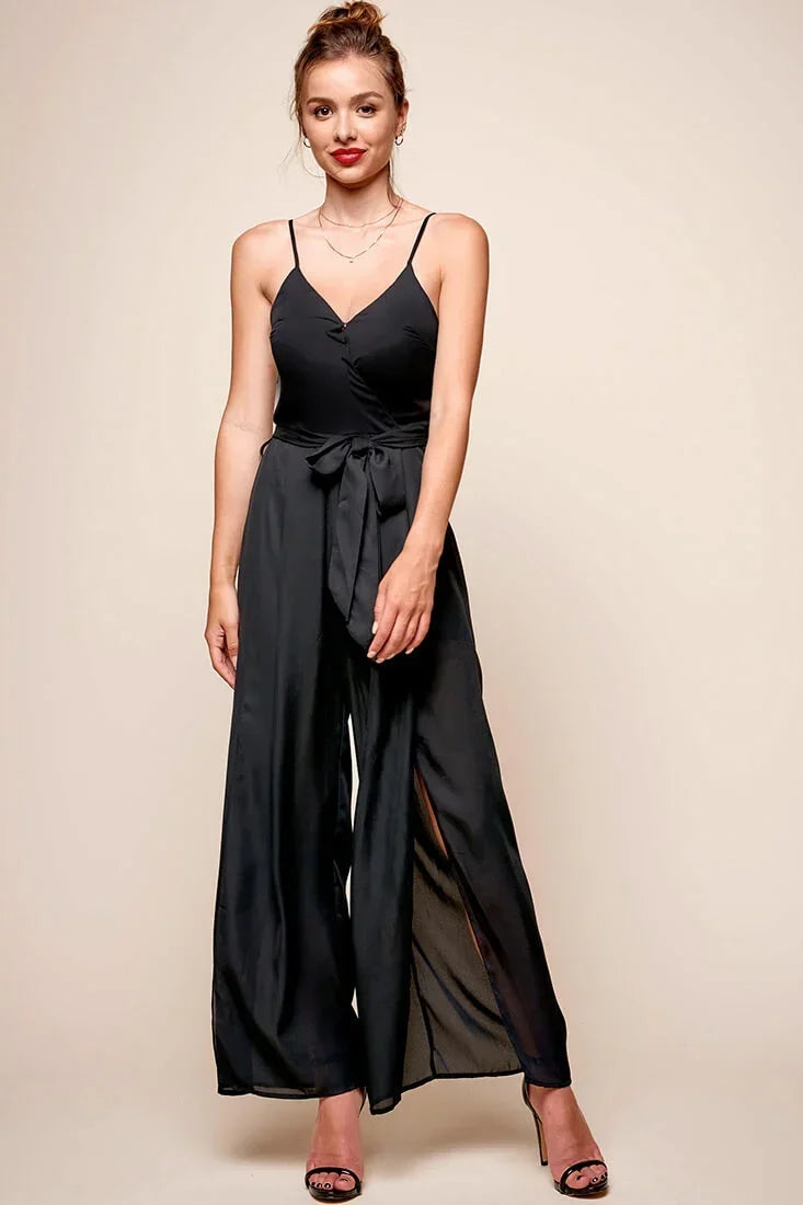Black Chiffon Jumpsuit with V-Neck High Slit