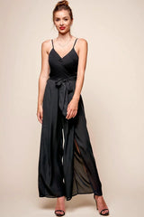 Black Chiffon Jumpsuit with V-Neck High Slit