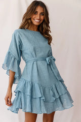 Denim Blue Mini Dress with Ruffle Sleeve Belted Waist
