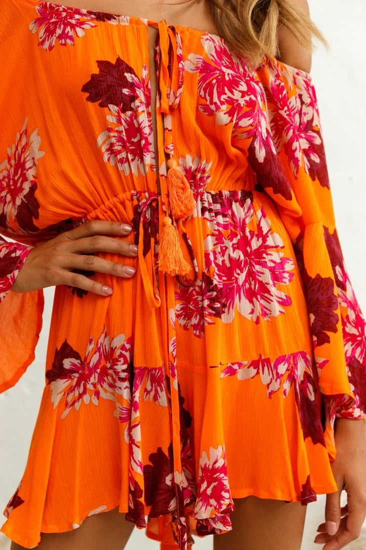Orange Floral Romper with Off-Shoulder Bell Sleeve
