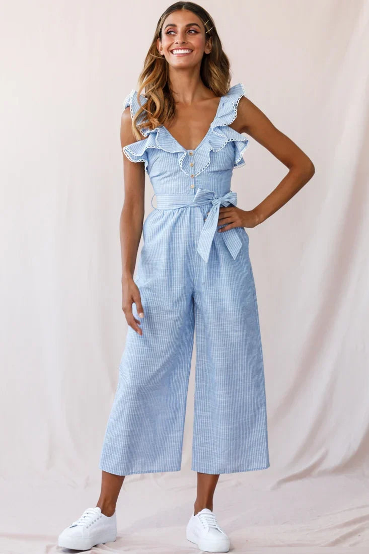 Blue Pinstripe Jumpsuit with Ruffle Strap Belted Waist