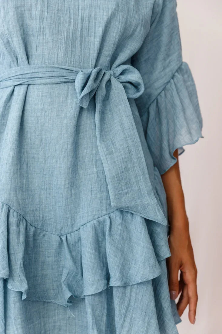 Denim Blue Mini Dress with Ruffle Sleeve Belted Waist