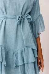 Denim Blue Mini Dress with Ruffle Sleeve Belted Waist