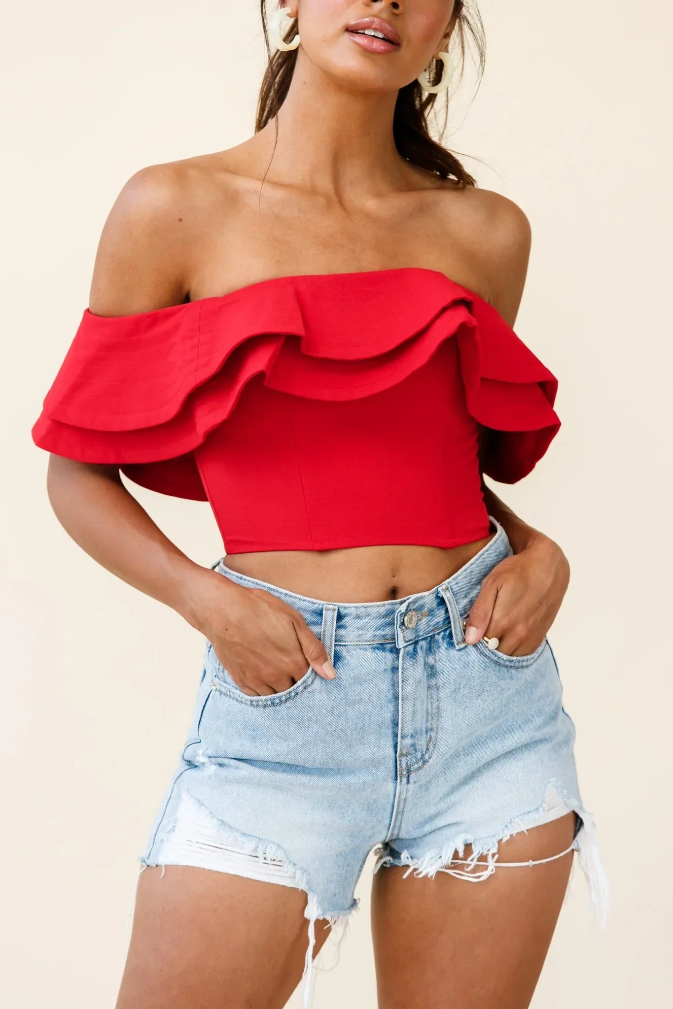 Red Crop Top with Off-Shoulder Layered Ruffle