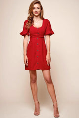 Red Mini Dress with Button-Up Empire Waist