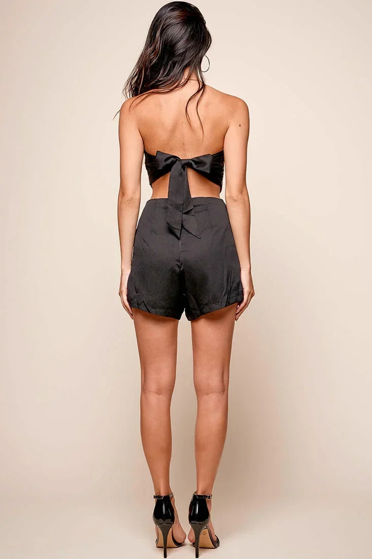 Black Floral Embroidered Crop Top with Strapless Bandeau