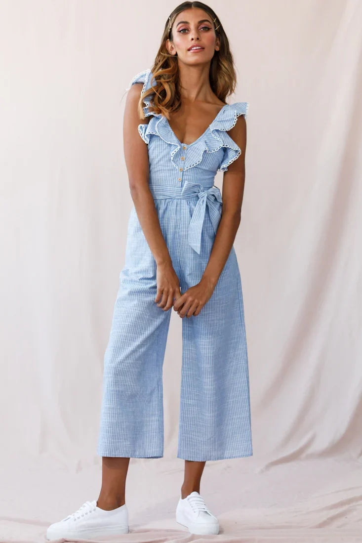 Blue Pinstripe Jumpsuit with Ruffle Strap Belted Waist