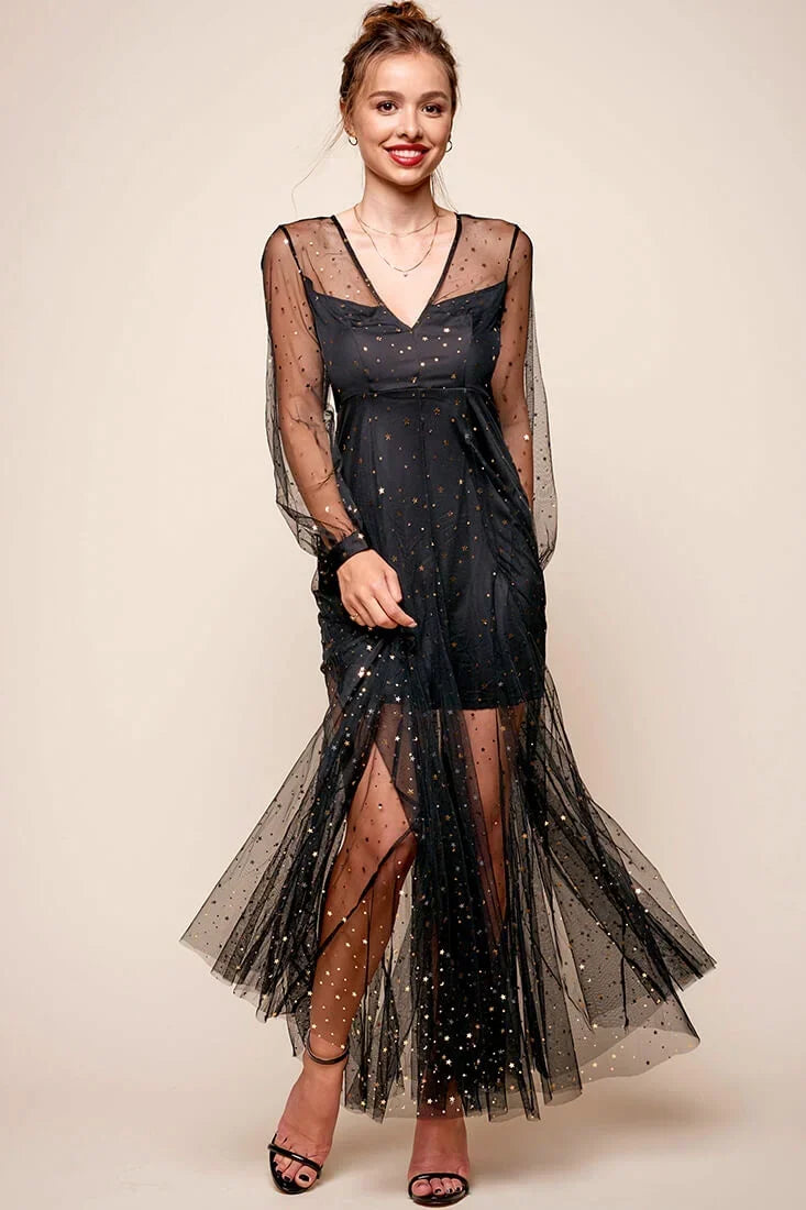 Black Maxi Dress with Sheer Star Print Mesh Overlay