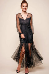 Black Maxi Dress with Sheer Star Print Mesh Overlay