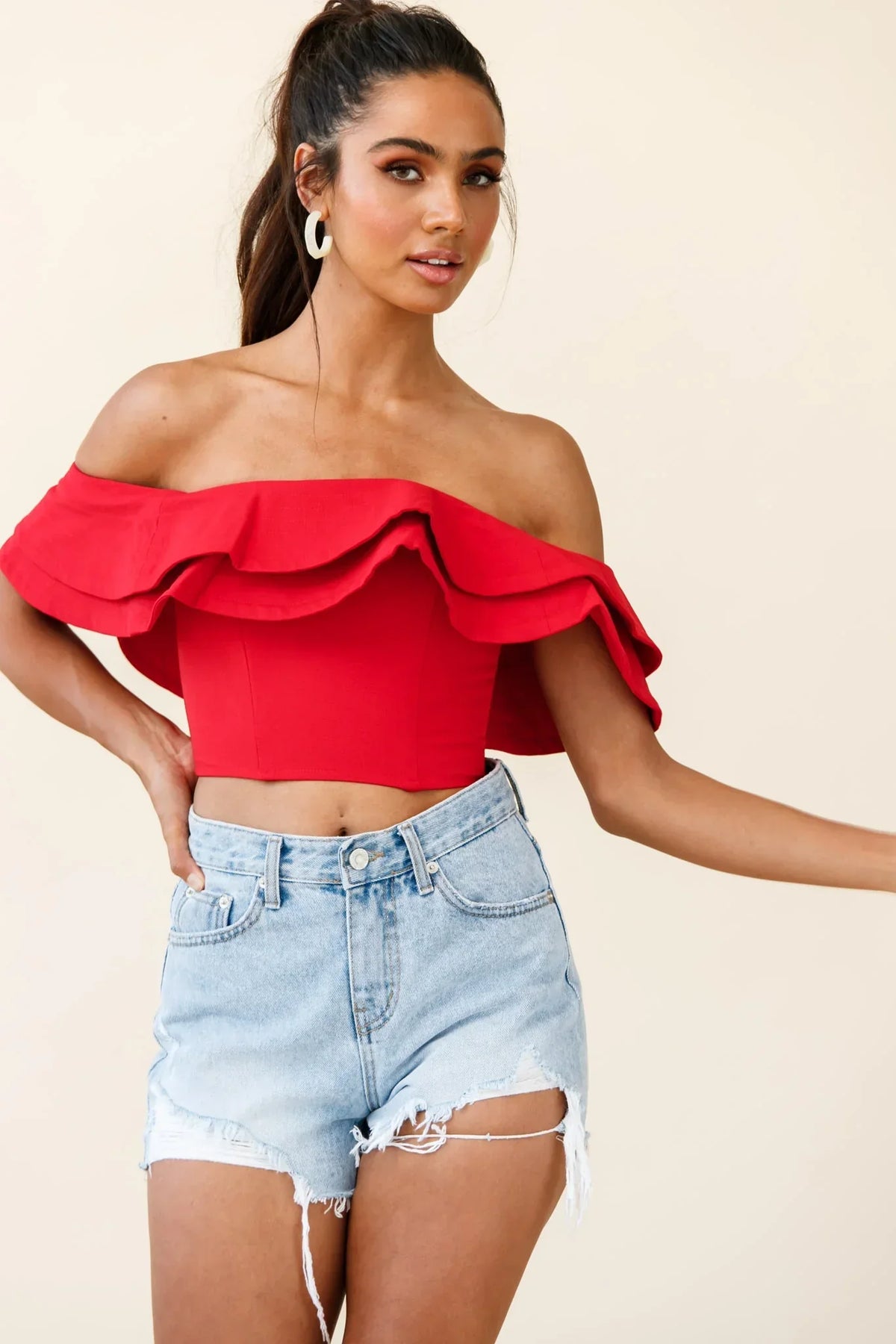 Red Crop Top with Off-Shoulder Layered Ruffle