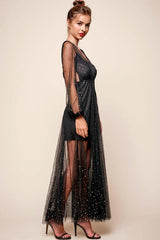 Black Maxi Dress with Sheer Star Print Mesh Overlay