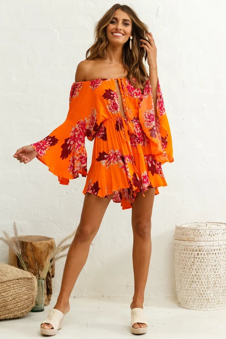 Orange Floral Romper with Off-Shoulder Bell Sleeve
