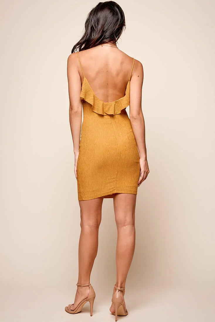 Mustard Mini Dress with Ruffle V-Neck Cami Strap
